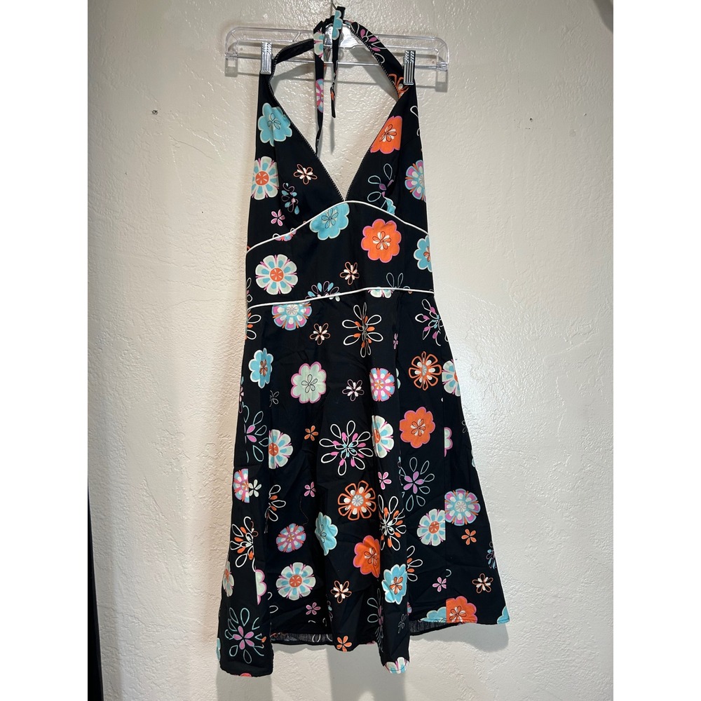 ABS by Allen Schwartz Womens Black Floral Halter Neck Sundress Size 8 Retro V